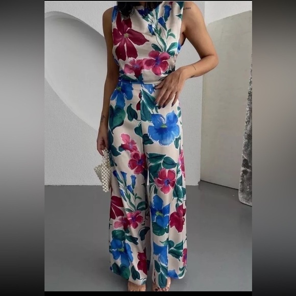 Zara Floral Satin Wide Leg Sleeveless Jumpsuit - Picture 2 of 14